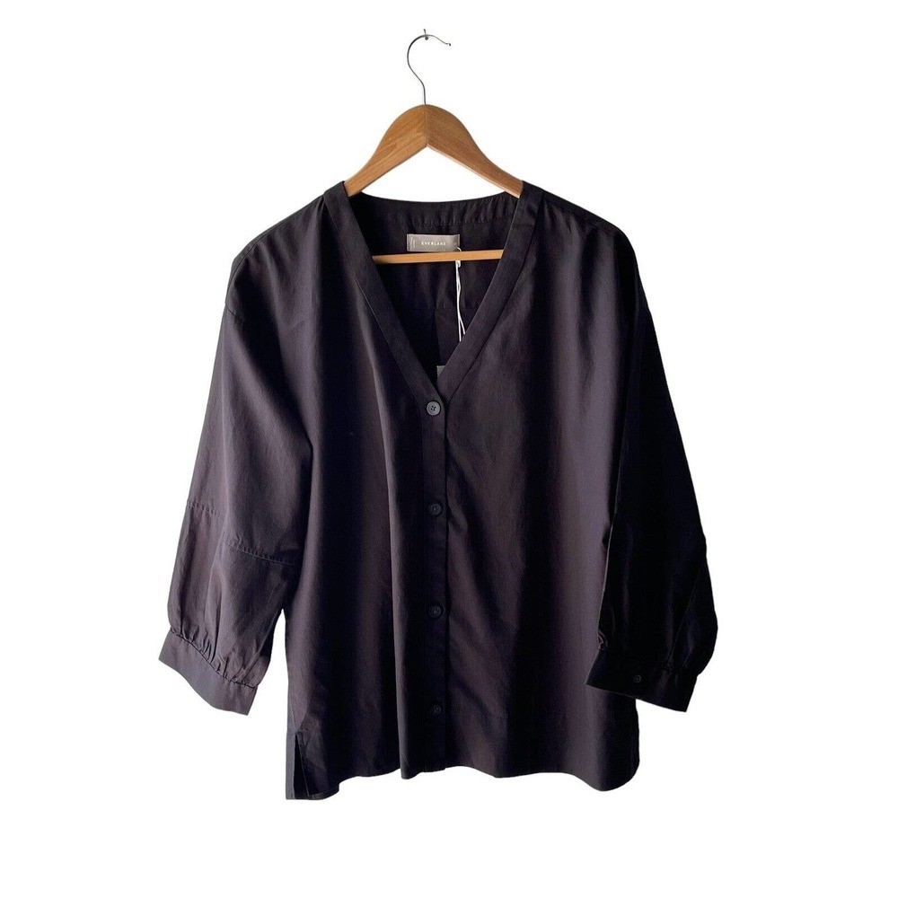 EVERLANE Women's Size 14 Black The Silky Cotton Lantern V-Neck Button Top - New